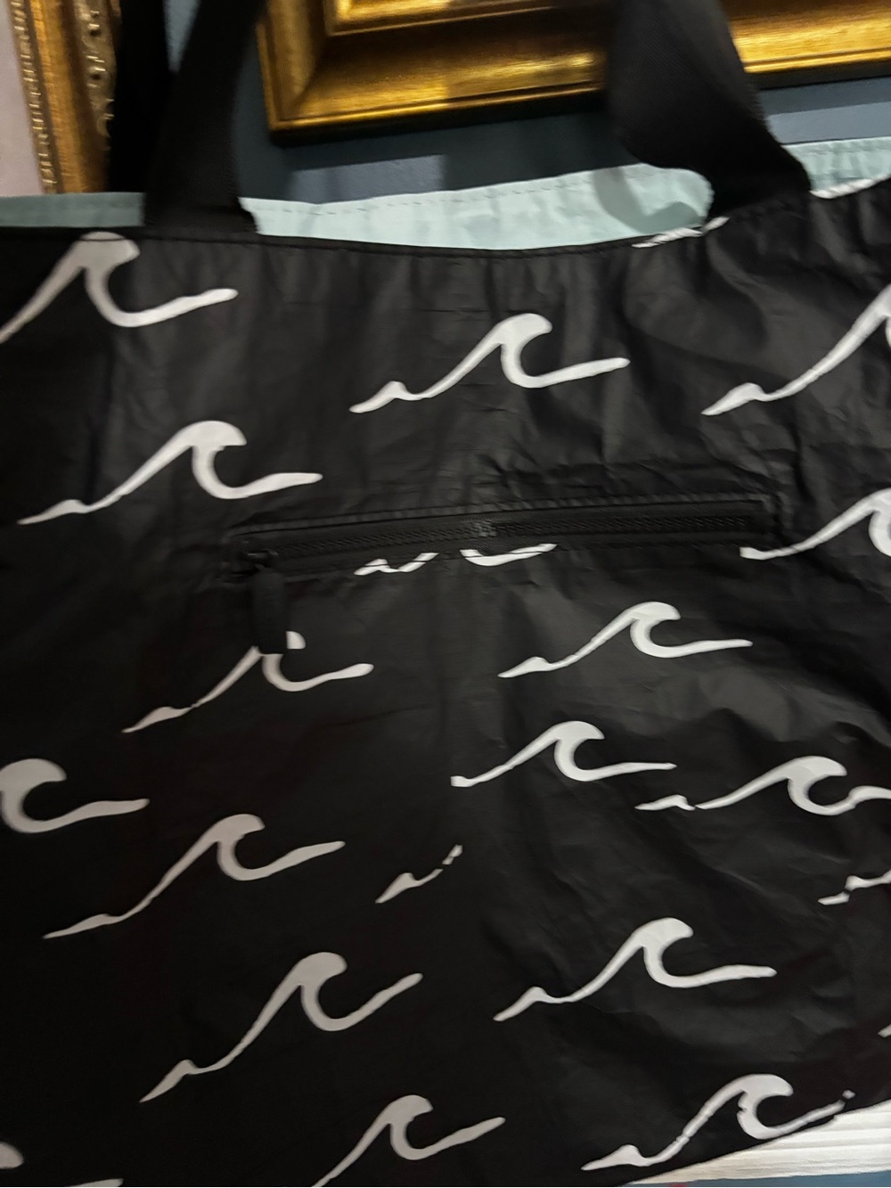 ALOHA Collection Black Tote with White Wave Print and Light Blue Lining - Picture 9 of 12
